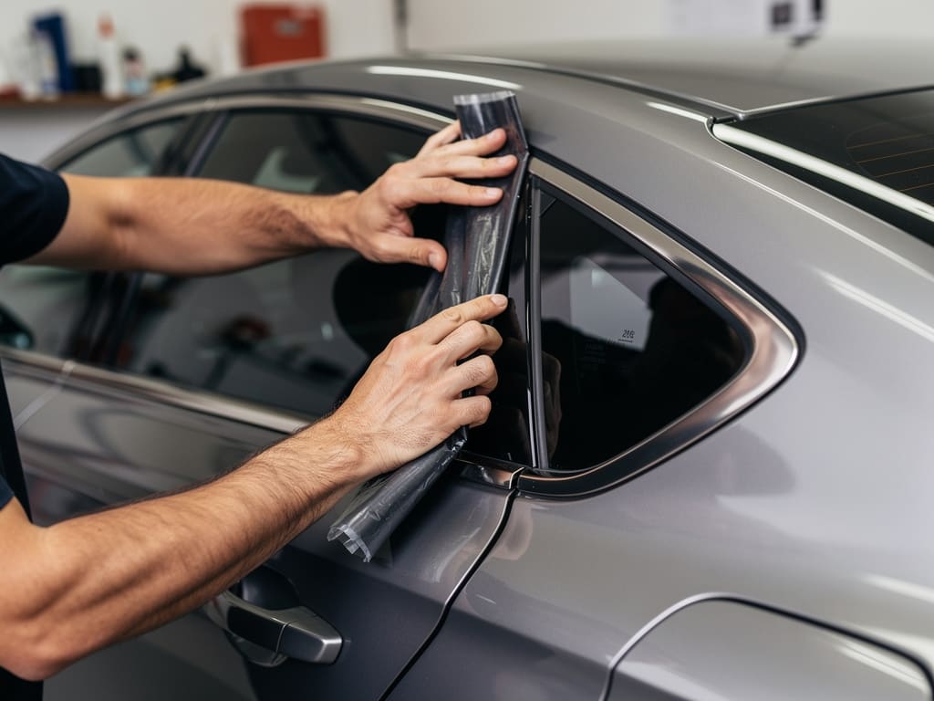 Tecnico che applica una pellicola oscurante sul vetro posteriore di un’auto